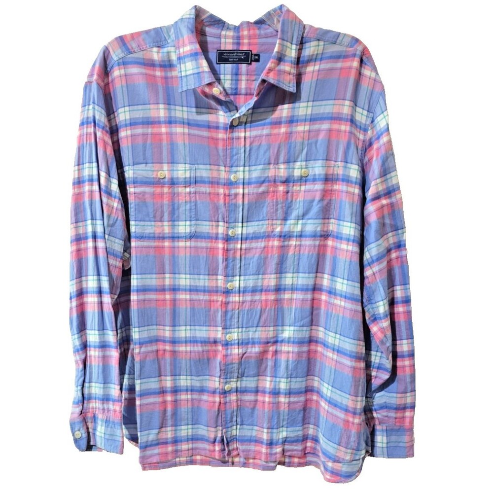 Vineyard Vines Shirt Mens XXL Blue Pink Tartan Flannel Button Collared Outdoor